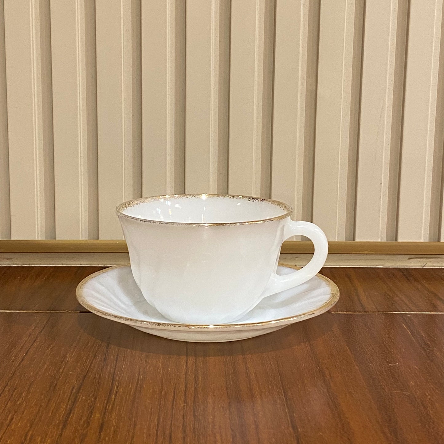 FireKing White Swirl Cup & Saucer With Golden Rim (gold1)