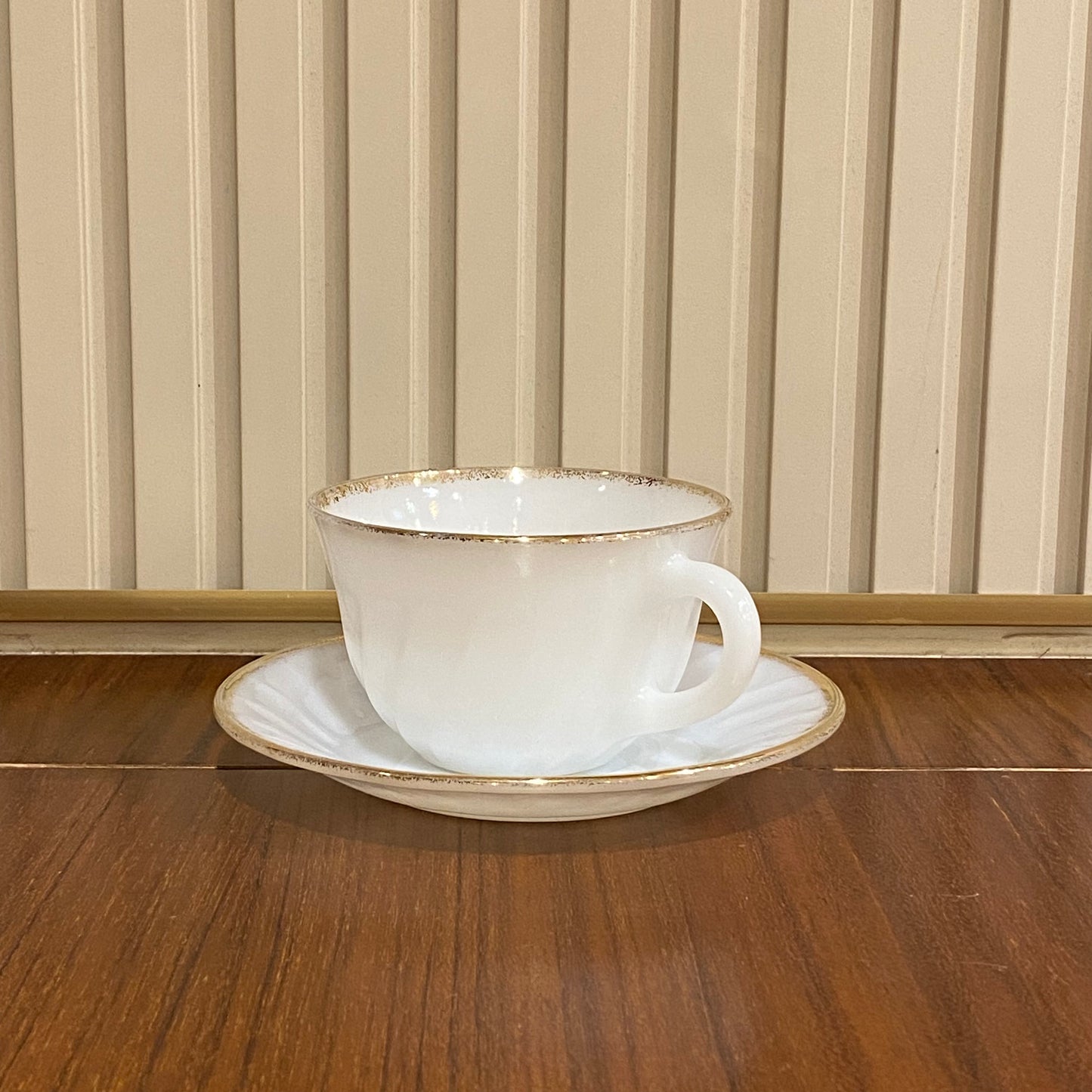 FireKing White Swirl Cup & Saucer With Golden Rim (gold1)