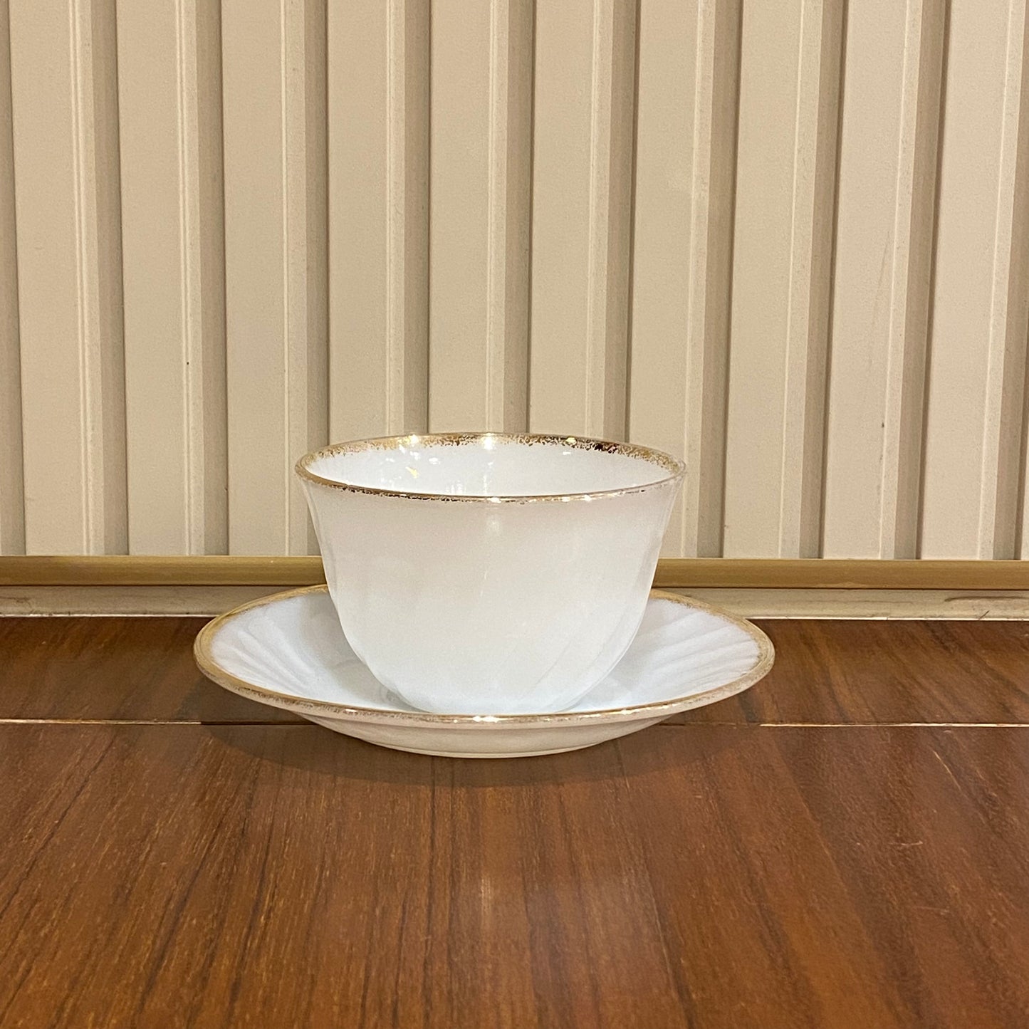 FireKing White Swirl Cup & Saucer With Golden Rim (gold1)