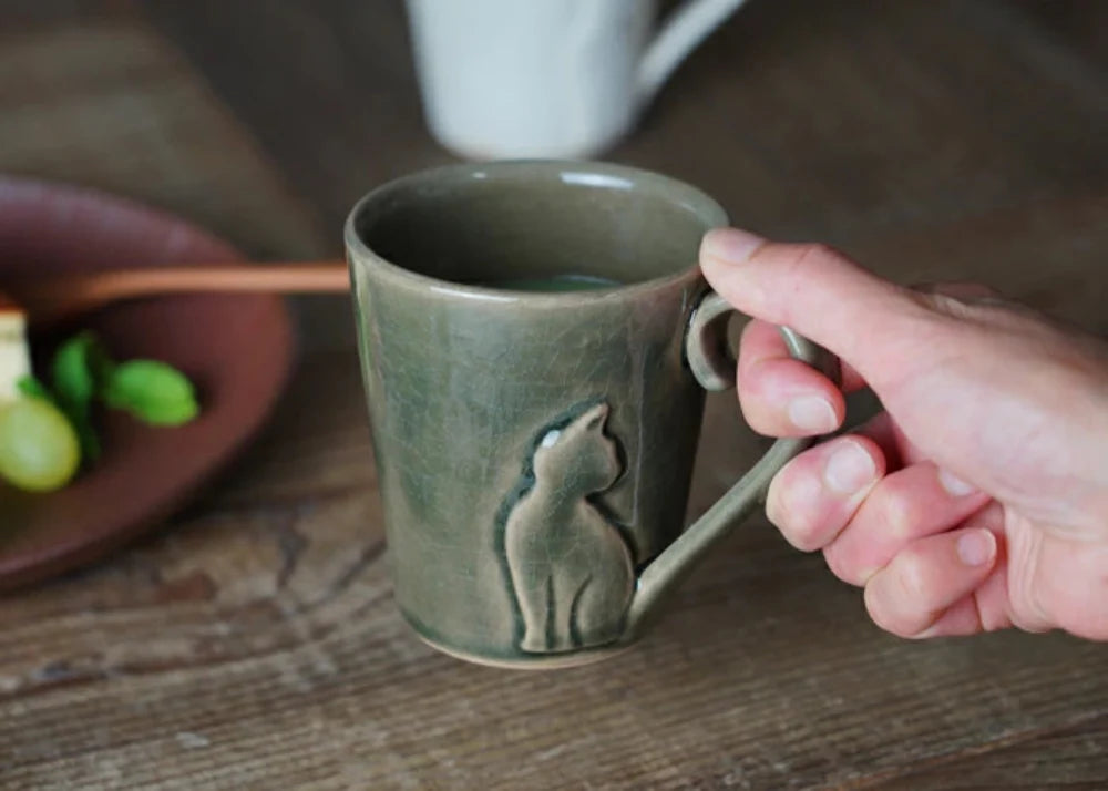 益子燒 貓尾把手杯